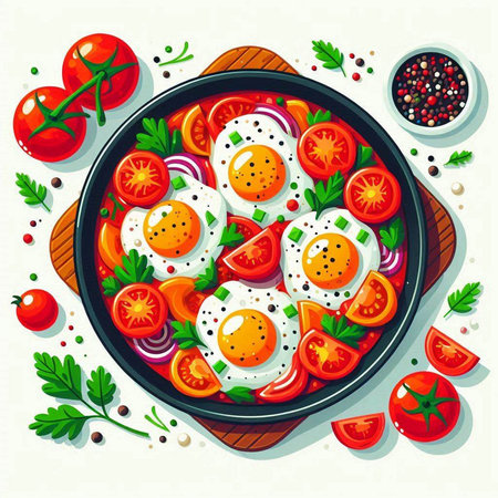 Vegetable salad with tomatoes, egg, onion and parsley. Vector illustrationのイラスト素材