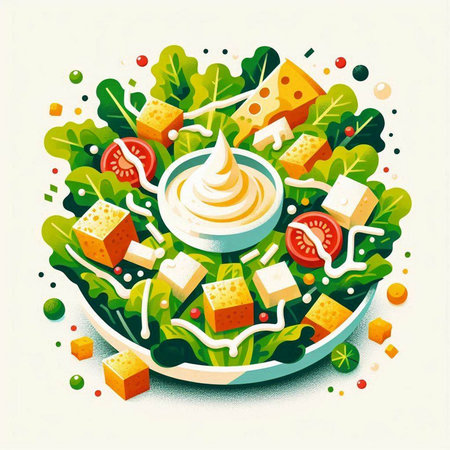 Salad with cheese, lettuce, tomatoes and mozzarella. Vector illustration.のイラスト素材