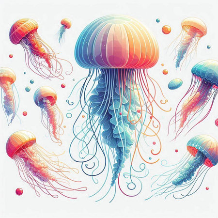 Set of jellyfishes. Hand drawn vector illustration in retro style.のイラスト素材
