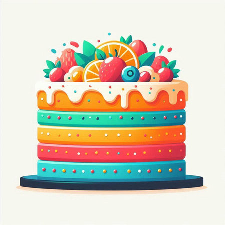 Birthday cake with fruits and berries. Vector illustration in cartoon styleのイラスト素材