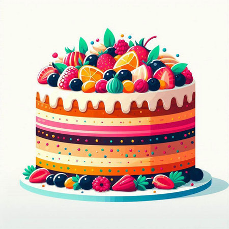 Birthday cake decorated with berries and fruits, vector illustration in flat styleのイラスト素材