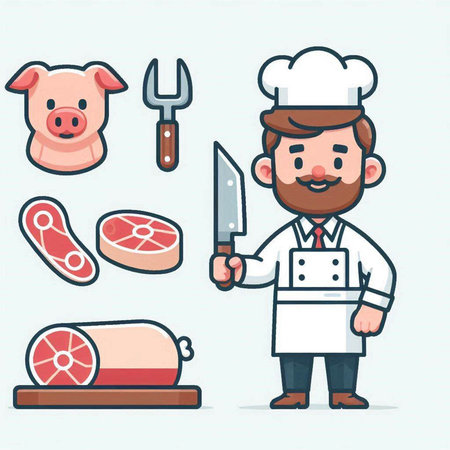 Chef with meat icons. Cartoon illustration of chef with meat icons for web designのイラスト素材