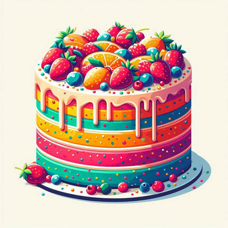 Birthday cake with fresh strawberries and cherries. Vector illustration.のイラスト素材
