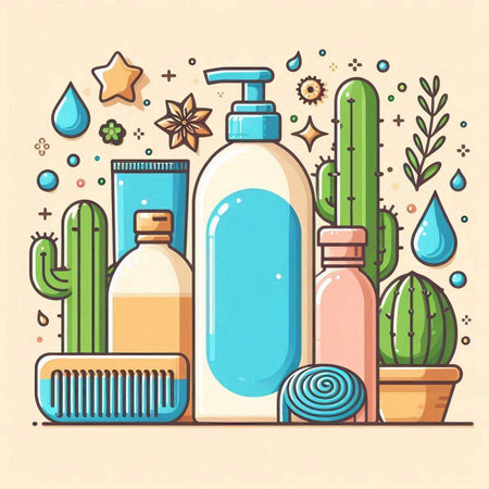 Vector illustration of beauty products in line art style. Cosmetics, lotion, cream, lotion, shampoo, shower gel and other.のイラスト素材