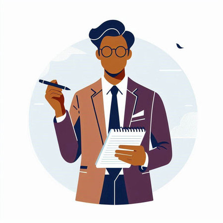 Businessman with pen and notebook. Vector illustration in flat style.のイラスト素材