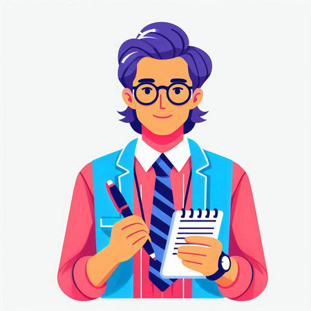 Young man in glasses with notebook and pen. Male character in flat style. Vector illustration.のイラスト素材