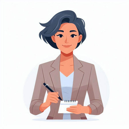 Businesswoman writing in notepad. Vector illustration in cartoon style.のイラスト素材