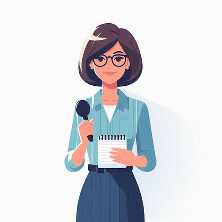 Female journalist with microphone and notebook. Vector illustration in cartoon style.のイラスト素材