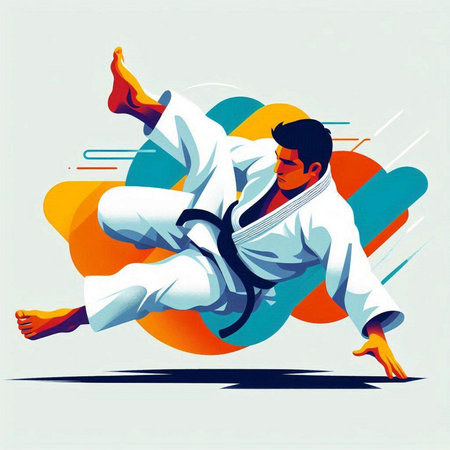 karate vector illustration with man in kimono on colorful backgroundのイラスト素材