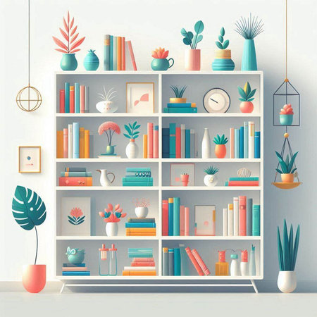 Bookshelf in the room with plants and decorations. Vector illustration.のイラスト素材
