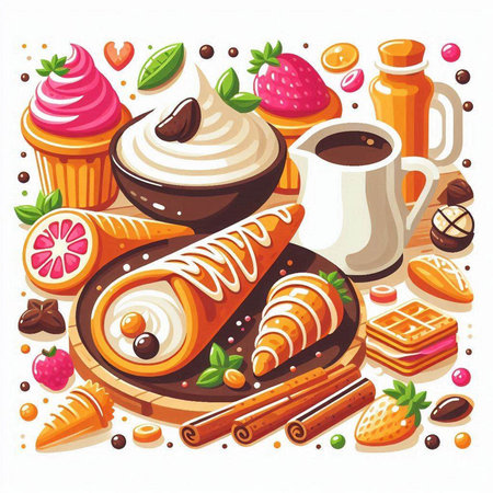 Coffee and sweets. Vector illustration in cartoon style on white background.のイラスト素材
