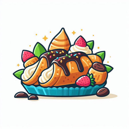 Cake with ice cream and fruits. Vector illustration in cartoon style.のイラスト素材