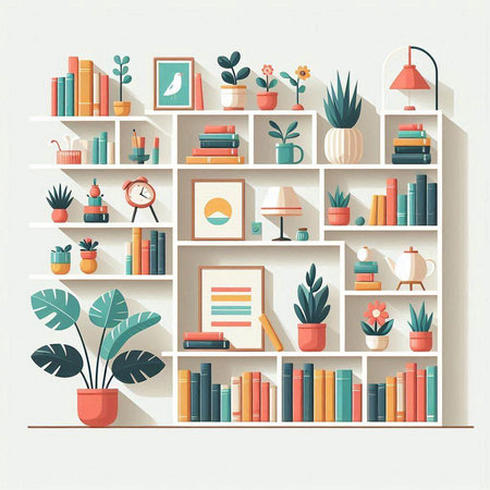 Bookshelf with books and plants. Flat style vector illustration.のイラスト素材