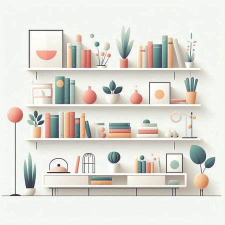 Bookshelf with books and decorations. Vector illustration in flat styleのイラスト素材