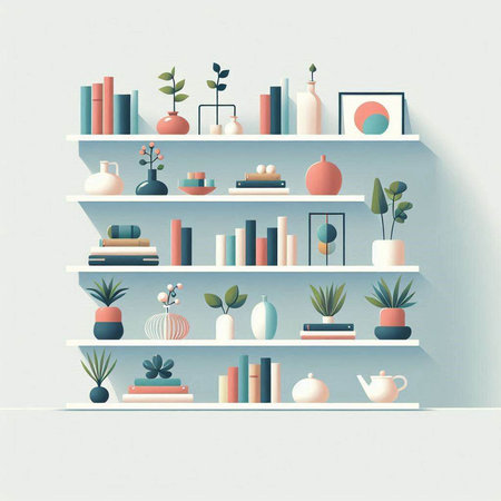 Vector illustration of bookshelf with books, vases and plantsのイラスト素材