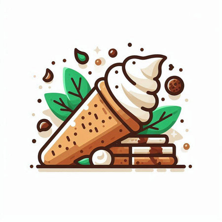 Ice cream cone with mint leaves and chocolate balls. Vector illustration.のイラスト素材