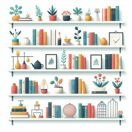 Bookshelves with books and decorations. Vector illustration in flat styleのイラスト素材