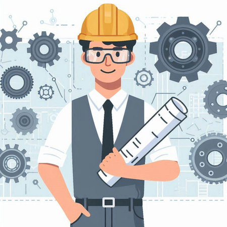 Engineer in helmet and glasses holding blueprint. Vector illustration in flat styleのイラスト素材