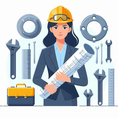 Engineer woman with construction tools. Vector illustration in cartoon style.のイラスト素材