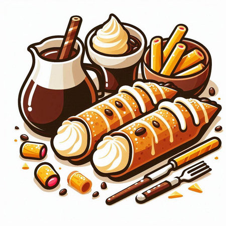 Vector illustration of hot dog with whipped cream and wafer rolls.のイラスト素材