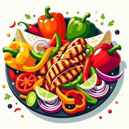 Mexican food vector illustration. Traditional mexican food. Grilled chicken fillet with paprika, onion, tomato, cucumber, bell pepper, onion.のイラスト素材