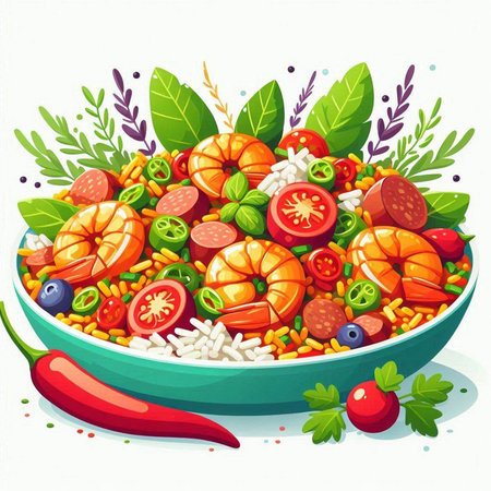 Salad with shrimps, olives, tomatoes, peppers and rice. Vector illustration.のイラスト素材