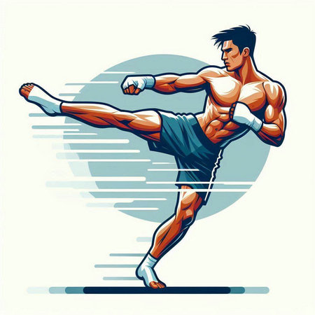Vector illustration of a muscular kickboxer ready to fight on a white backgroundのイラスト素材