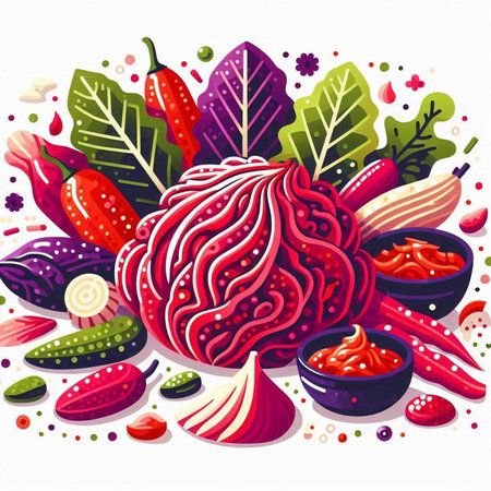 Vegetarian food background with fresh vegetables and sauce. Vector illustration.のイラスト素材