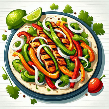 Illustration of a plate with grilled chicken and vegetables on a white backgroundのイラスト素材