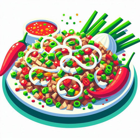 Illustration of a plate of spicy vegetable salad with chilies, tomatoes and onionsのイラスト素材