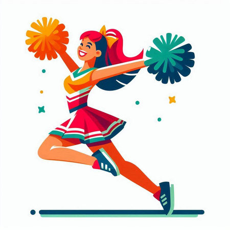 Cheerleader with pompoms. Cheerful cheerleader with pompoms. Vector illustration in cartoon style.のイラスト素材