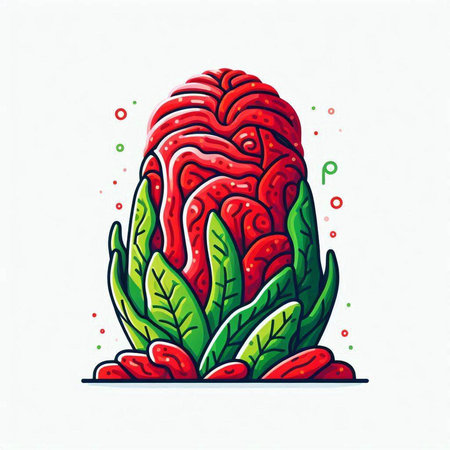 Hand drawn vector illustration of a stylized red Easter egg with green leaves.のイラスト素材