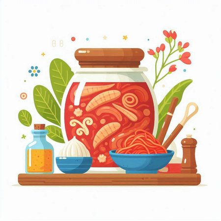 Sauce in a glass jar with spices and herbs. Vector illustration.のイラスト素材