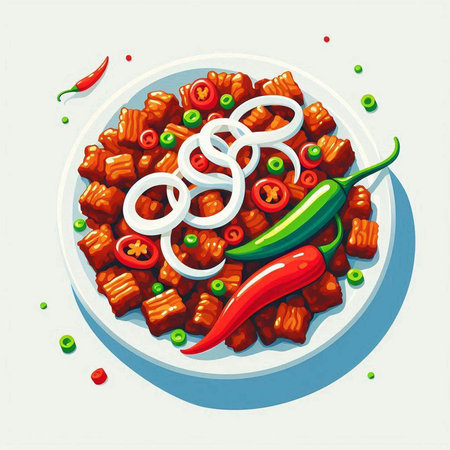 Illustration of a plate of spicy goulash with chili peppersのイラスト素材