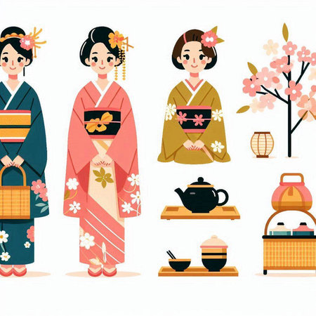 Japanese girls in kimono and tea set. Vector illustration.のイラスト素材