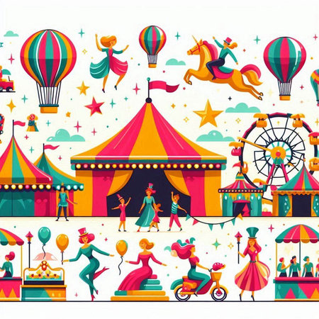 Amusement park seamless pattern with clowns, carousels, ferris wheel, hot air balloons, circus tent vector illustrationのイラスト素材