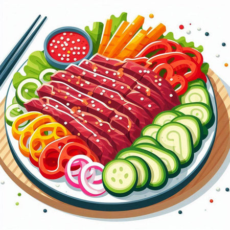 Illustration of a Sliced Beef and Vegetables on a Plateのイラスト素材