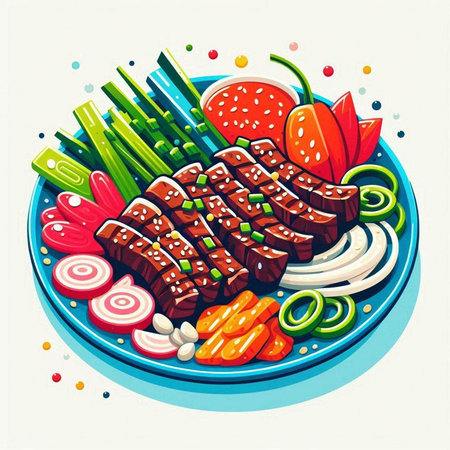 Illustration of a grilled beef with vegetables on a blue plate.のイラスト素材