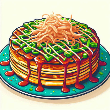 Illustration of a stack of pancakes with ketchup on a plateのイラスト素材
