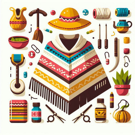 Mexican culture symbols and elements vector illustration. Mexico culture symbols.のイラスト素材