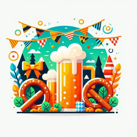 Oktoberfest banner with beer, pretzel, garlands and flags. Vector illustration.のイラスト素材
