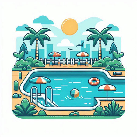 Swimming pool in the park. Vector illustration in flat style.のイラスト素材