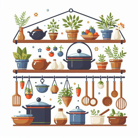 Kitchen utensils and pots on shelves. Vector illustration.のイラスト素材