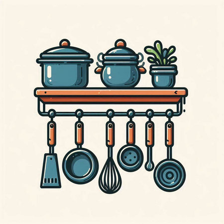 Kitchen utensils on shelf. Vector illustration in linear styleのイラスト素材