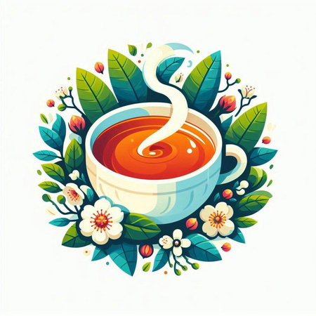 Cup of tea with floral ornament on white background. Vector illustration.のイラスト素材