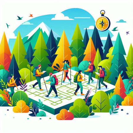 Vector illustration of a group of people hiking in the forest. Flat style design.のイラスト素材