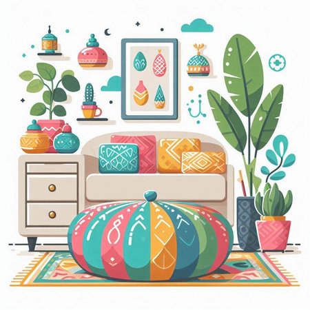Interior design of living room with sofa, coffee table, plants and accessories. Vector illustrationのイラスト素材