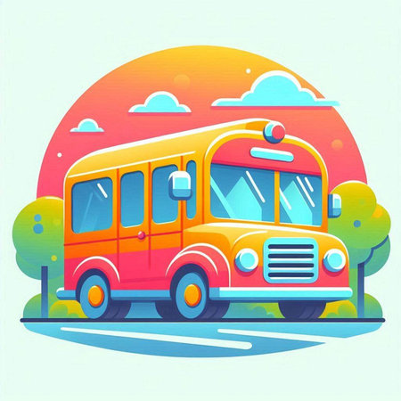 Colorful school bus on the road at sunset. Vector illustration.のイラスト素材