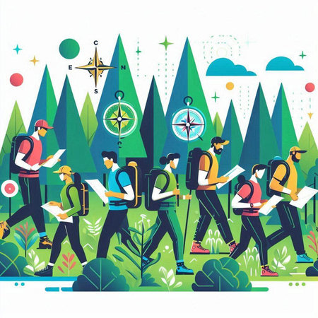 Travelers with backpacks and map in the forest. Vector illustration.のイラスト素材