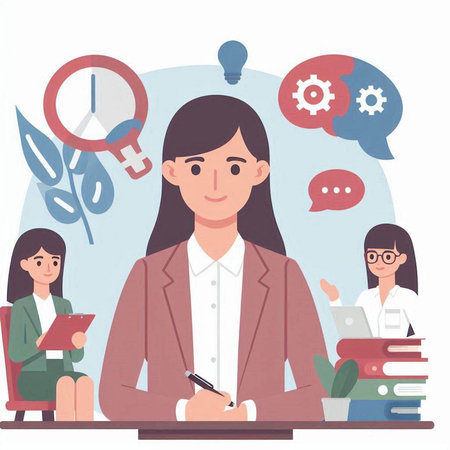 Businesswoman sitting at desk in office and talking with colleagues. Vector illustrationのイラスト素材